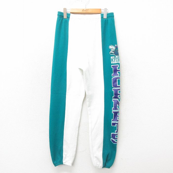 【20%OFF】W34★古着 スウェット パンツ 90年代 90s NBA シャーロットホーネッツ ツートンカラー USA製 青緑 バスケットボール 【spe】 25may12 中古 メンズ ボトムス ロング