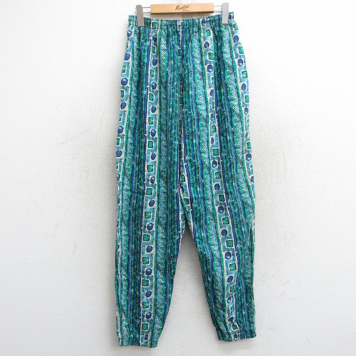 W33★古着 イージー パンツ メンズ 90年代 90s 総柄 コットン 緑他 グリーン 25may28 中古 ボトムス ロング