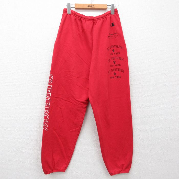 W31★古着 チャンピオン Champion スウェット パンツ メンズ OVERTHROW ニューヨーク 赤 レッド 25jun28 中古 ボトムス ロング