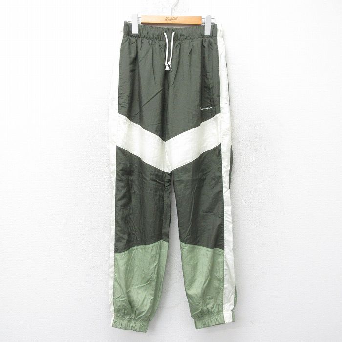 W30★古着 チャンピオン champion ナイロン パンツ メンズ ワンポイントロゴ マルチカラー 濃緑他 グリーン 内側メッシュ 25jul14 中古 ボトムス ロング