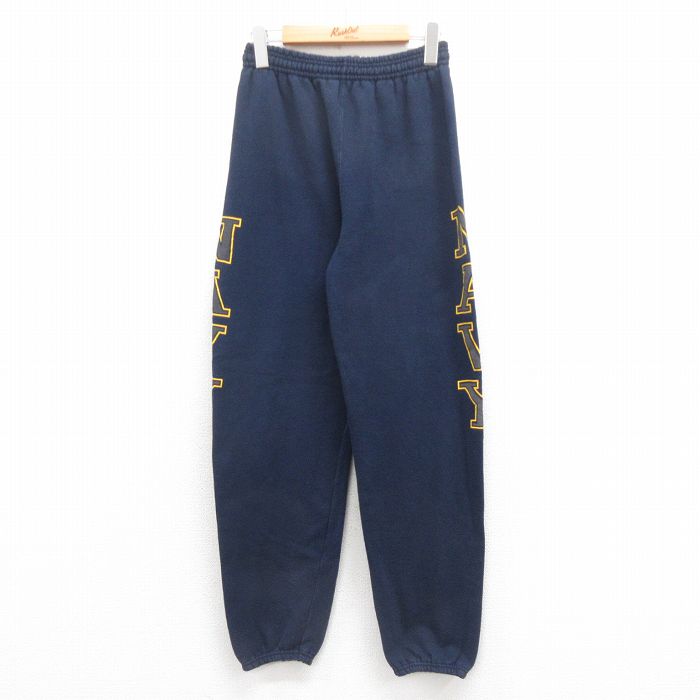 W31★古着 スウェット パンツ 90年代 90s ミリタリー ネイビー NAVY リフレクター USA製 紺 25aug06 中古 メンズ ボトムス ロング
