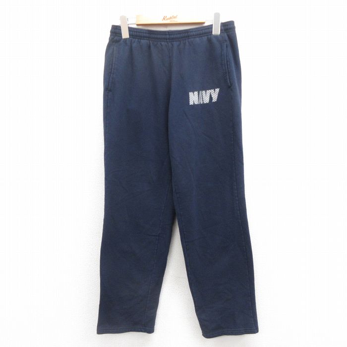 W32★古着 スウェット パンツ 90年代 90s ミリタリー ネイビー NAVY リフレクター USA製 紺 25aug06 中古 メンズ ボトムス ロング