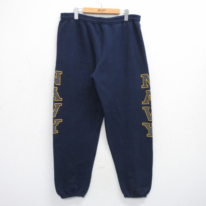 W38★古着 スウェット パンツ メンズ 90年代 90s ミリタリー ネイビー リフレクター USA製 紺 25oct29 中古 ボトムス ロング
