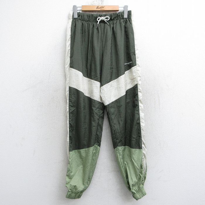 W28★古着 チャンピオン Champion ナイロン パンツ メンズ ワンポイントロゴ マルチカラー 濃緑他 内側メッシュ 25nov21