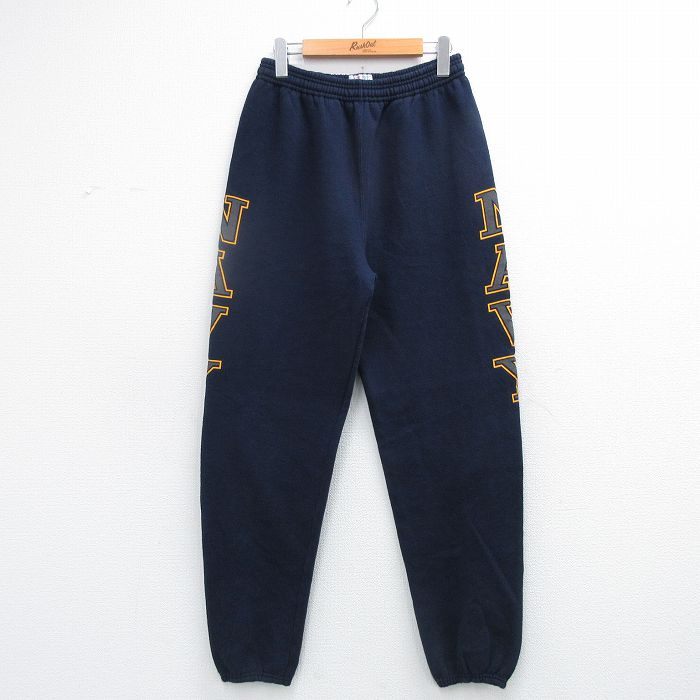 W32★古着 スウェット パンツ メンズ 90年代 90s ミリタリー ネイビー リフレクター USA製 紺 26feb24