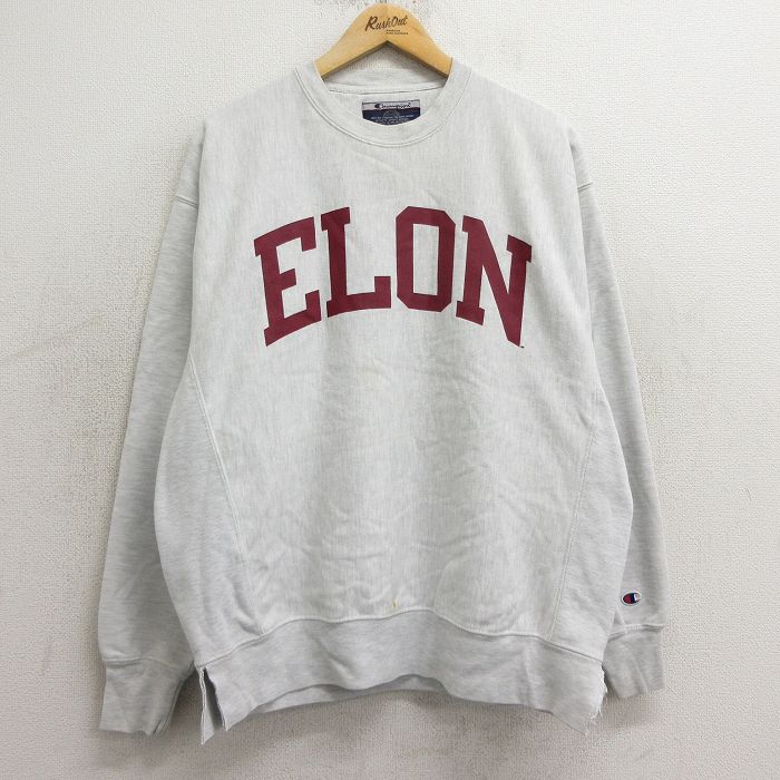XL★古着 長袖 チャンピオン Champion リバースウィーブ メンズ 00年代 00s ELON クルーネック 薄グレー 霜降り 24nov06 中古 スウェット スエット トレーナー トップス