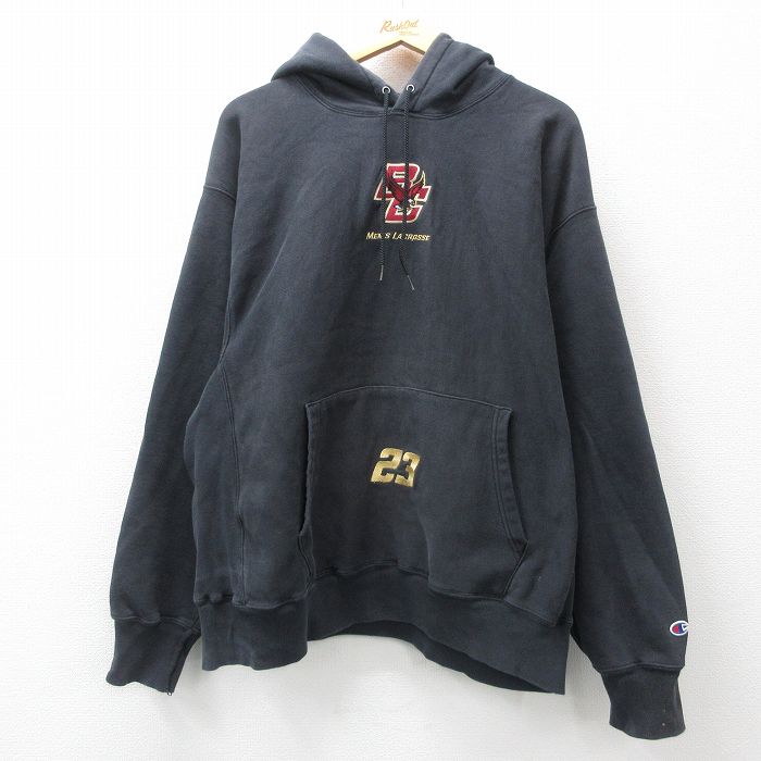 XL★古着 長袖 チャンピオン Champion リバースウィーブ パーカー メンズ 00年代 00s ラクロス 大きいサイズ 黒 ブラック 24dec17 中古 スウェット スエット トレーナー トップス