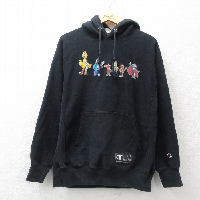 M★古着 長袖 チャンピオン Champion リバースウィーブ パーカー メンズ セサミストリート エルモ クッキーモンスター 黒 ブラック 【spe】 24dec17 中古 スウェット スエット トレーナー トップス