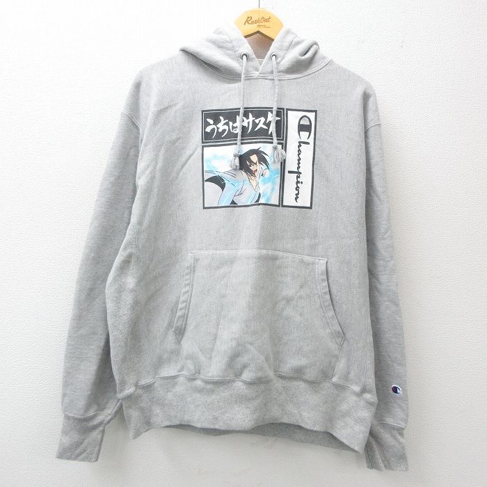 L★古着 長袖 チャンピオン Champion リバースウィーブ パーカー メンズ アニメ NARUTO ナルト疾風伝 うちはサスケ グレー 霜降り 【spe】 24dec18 中古 スウェット スエット トレーナー トップス
