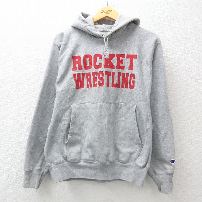 M★古着 長袖 チャンピオン Champion リバースウィーブ パーカー メンズ 00年代 00s レスリング グレー 霜降り 24dec18 中古 スウェット スエット トレーナー トップス