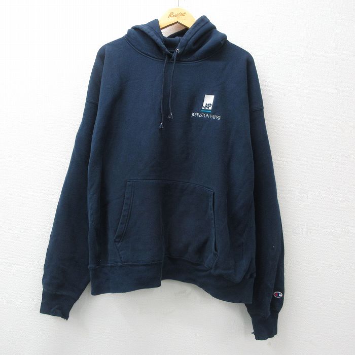 XL★古着 長袖 チャンピオン Champion リバースウィーブ パーカー メンズ 00年代 00s ジョンソン JOHNSON 大きいサイズ 濃紺 ネイビー 24dec18 中古 スウェット スエット トレーナー トップス