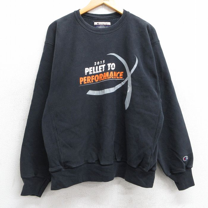 L★古着 長袖 チャンピオン Champion リバースウィーブ メンズ パフォーマンス クルーネック 黒 ブラック 25feb07 中古 スウェット スエット トレーナー トップス