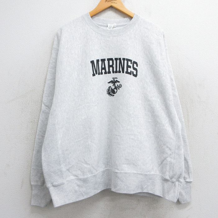 XL★古着 長袖 チャンピオン Champion リバースウィーブ メンズ ミリタリー マリーンズ 大きいサイズ クルーネック 薄グレー 霜降り 【spe】 25feb07 中古 スウェット スエット トレーナー トップス