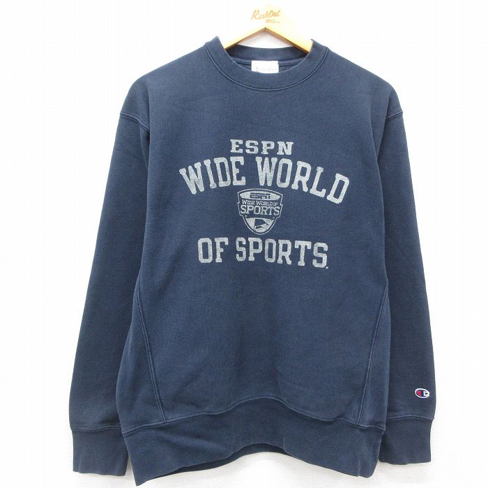 L★古着 長袖 チャンピオン Champion リバースウィーブ メンズ 00年代 00s ESPN ディズニー DISNEY クルーネック 紺 ネイビー 【spe】 25feb12 中古 スウェット スエット トレーナー トップス