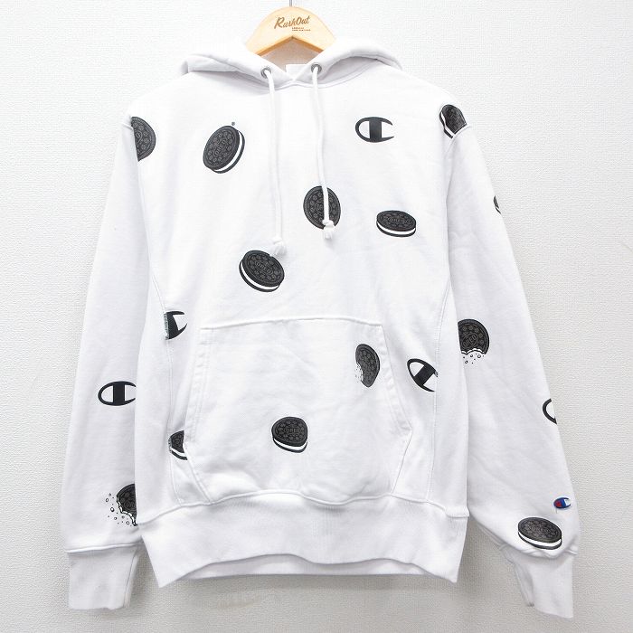 M★古着 長袖 チャンピオン Champion リバースウィーブ パーカー メンズ オレオ 白他 ホワイト 25feb12 中古 スウェット スエット トレーナー トップス