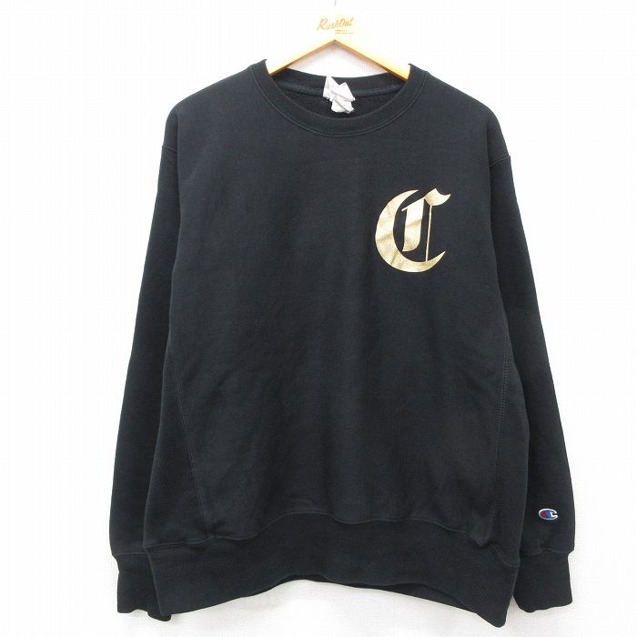 L★古着 長袖 チャンピオン Champion リバースウィーブ メンズ ビッグロゴ クルーネック 黒 ブラック 25feb12 中古 スウェット スエット トレーナー トップス