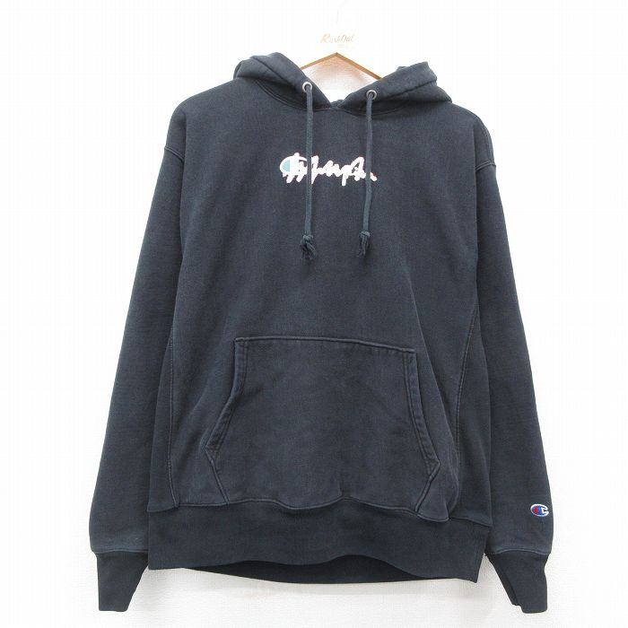 【50%OFF】L★古着 長袖 チャンピオン Champion リバースウィーブ パーカー メンズ ビッグロゴ 黒 ブラック 25feb12 中古 スウェット スエット トレーナー トップス