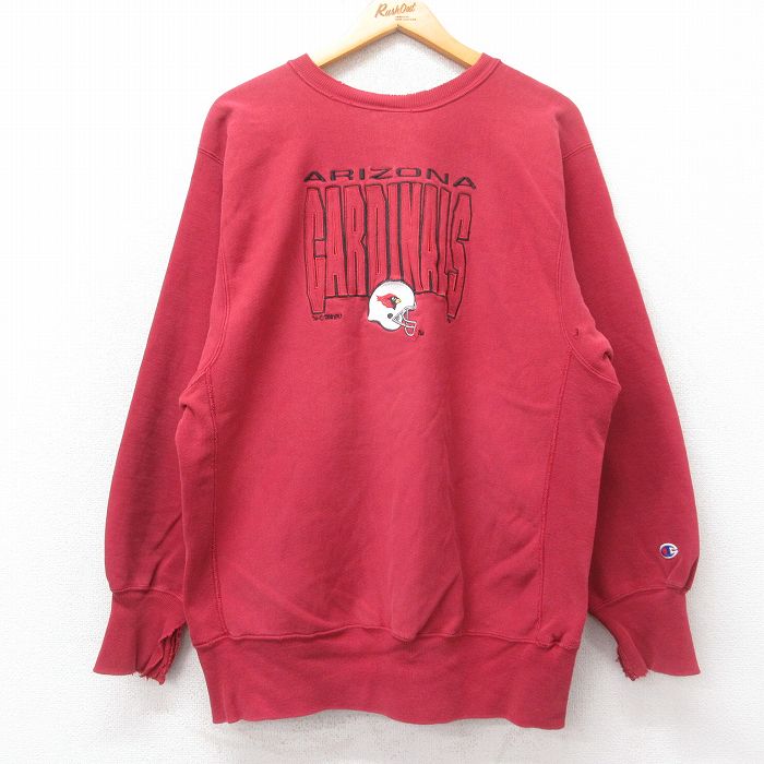 L★古着 長袖 チャンピオン Champion リバースウィーブ メンズ 90年代 90s NFL アリゾナカージナルス クルーネック USA製 エンジ アメフト スーパーボウル 25feb15 中古 スウェット スエット トレーナー トップス
