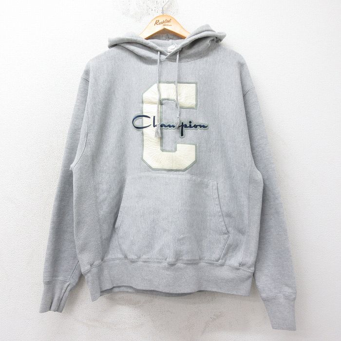 L★古着 長袖 チャンピオン Champion リバースウィーブ パーカー メンズ ビッグロゴ グレー 霜降り 25feb15 中古 スウェット スエット トレーナー トップス