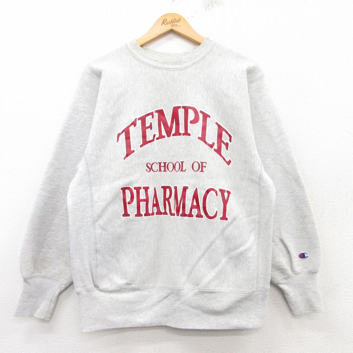 M★古着 長袖 チャンピオン Champion リバースウィーブ メンズ 90年代 90s TEMPLE クルーネック USA製 薄グレー 霜降り 25feb15 中古 スウェット スエット トレーナー トップス