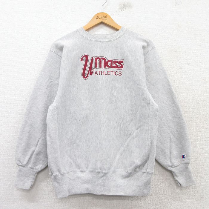 M★古着 長袖 チャンピオン Champion リバースウィーブ メンズ 90年代 90s Umass クルーネック USA製 薄グレー 霜降り 25feb15 中古 スウェット スエット トレーナー トップス