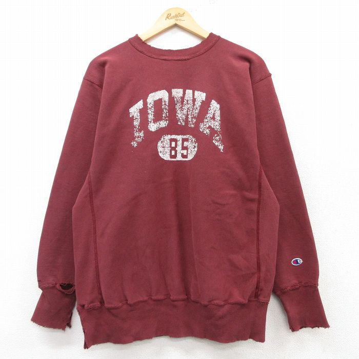 L★古着 長袖 チャンピオン Champion リバースウィーブ メンズ 90年代 90s アイオワ ボロ クルーネック エンジ 25feb15 中古 スウェット スエット トレーナー トップス