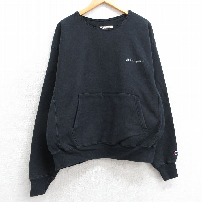 XL★古着 長袖 チャンピオン Champion リバースウィーブ メンズ 00年代 00s ワンポイントロゴ 大きいサイズ クルーネック 黒 ブラック 25feb17 中古 スウェット スエット トレーナー トップス