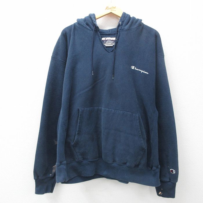 XL★古着 長袖 チャンピオン Champion リバースウィーブ パーカー メンズ 00年代 00s ワンポイントロゴ 大きいサイズ 濃紺 ネイビー 25feb18 中古 スウェット スエット トレーナー トップス