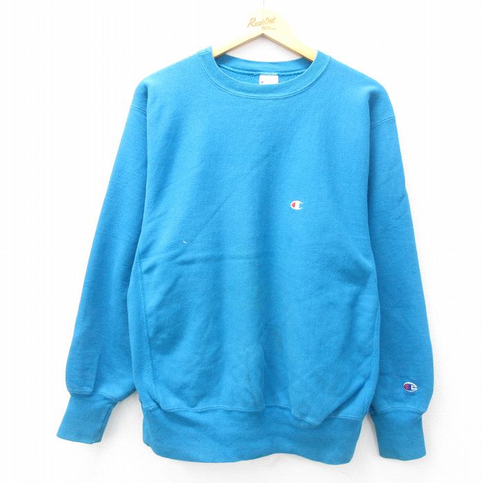 L★古着 長袖 チャンピオン Champion リバースウィーブ メンズ 90年代 90s ワンポイントロゴ クルーネック USA製 水色 25feb18 中古 スウェット スエット トレーナー トップス