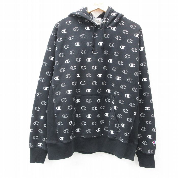 XL★古着 長袖 チャンピオン Champion リバースウィーブ パーカー メンズ ロゴ 総柄 大きいサイズ 黒 ブラック 25feb18 中古 スウェット スエット トレーナー トップス