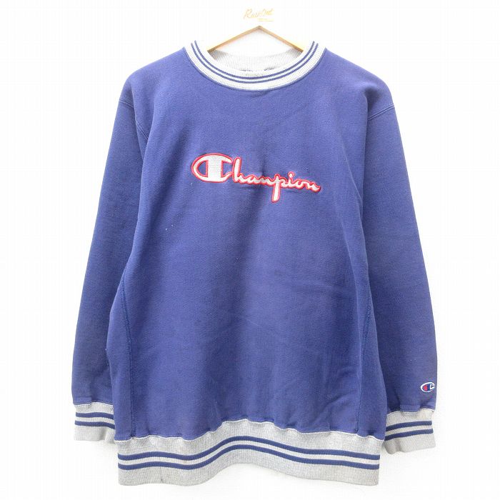 【50%OFF】L★古着 長袖 チャンピオン Champion リバースウィーブ メンズ 90年代 90s ビッグロゴ クルーネック 紫他 パープル 【spe】 25feb18 中古 スウェット スエット トレーナー トップス