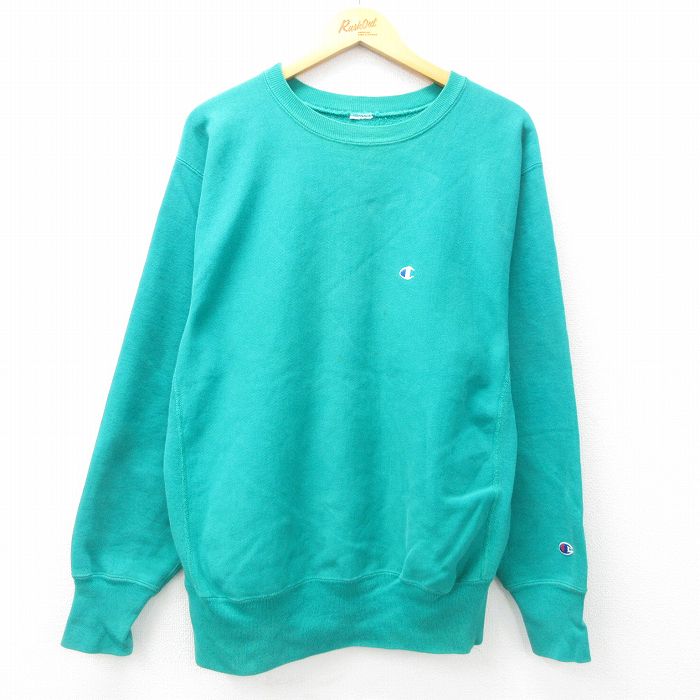 L★古着 長袖 チャンピオン Champion リバースウィーブ メンズ 90年代 90s ワンポイントロゴ クルーネック 青緑 25feb18 中古 スウェット スエット トレーナー トップス