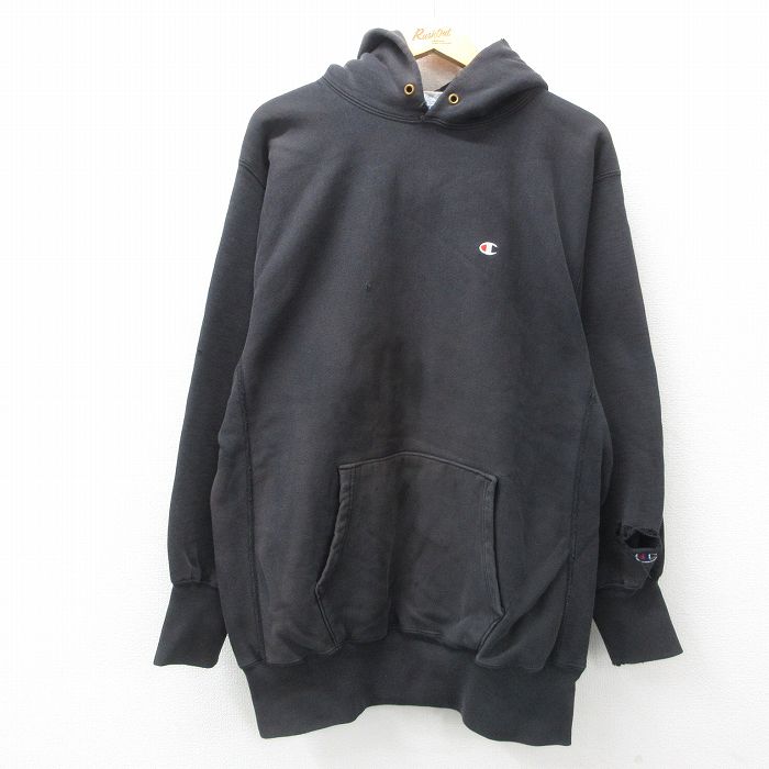XL★古着 長袖 チャンピオン Champion リバースウィーブ パーカー メンズ 90年代 90s ワンポイントロゴ USA製 黒 ブラック 【spe】 25feb18 中古 スウェット スエット トレーナー トップス
