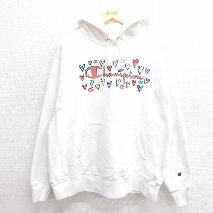 L★古着 長袖 チャンピオン Champion リバースウィーブ パーカー メンズ ビッグロゴ ハート 白 ホワイト 25feb28 中古 スウェット スエット トレーナー トップス