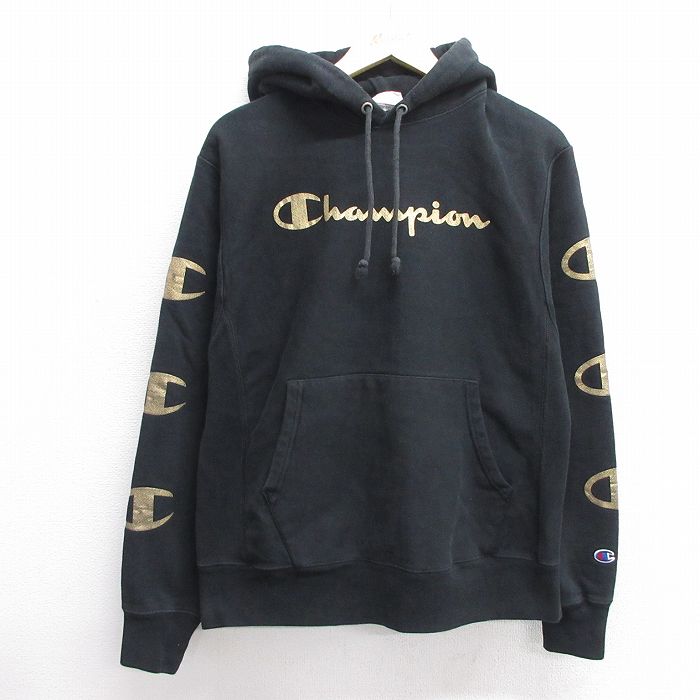 【50%OFF】M★古着 長袖 チャンピオン Champion リバースウィーブ パーカー メンズ ビッグロゴ 黒 ブラック 25feb28 中古 スウェット スエット トレーナー トップス