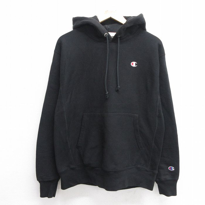 L★古着 長袖 チャンピオン Champion リバースウィーブ パーカー メンズ ワンポイントロゴ 黒 ブラック 25feb28 中古 スウェット スエット トレーナー トップス