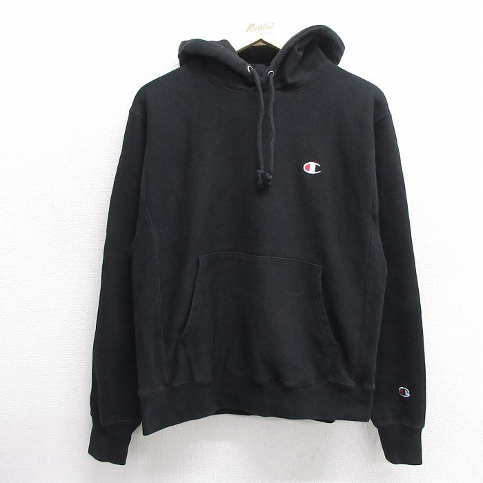 M★古着 長袖 チャンピオン Champion リバースウィーブ パーカー メンズ ワンポイントロゴ 黒 ブラック 25feb28 中古 スウェット スエット トレーナー トップス