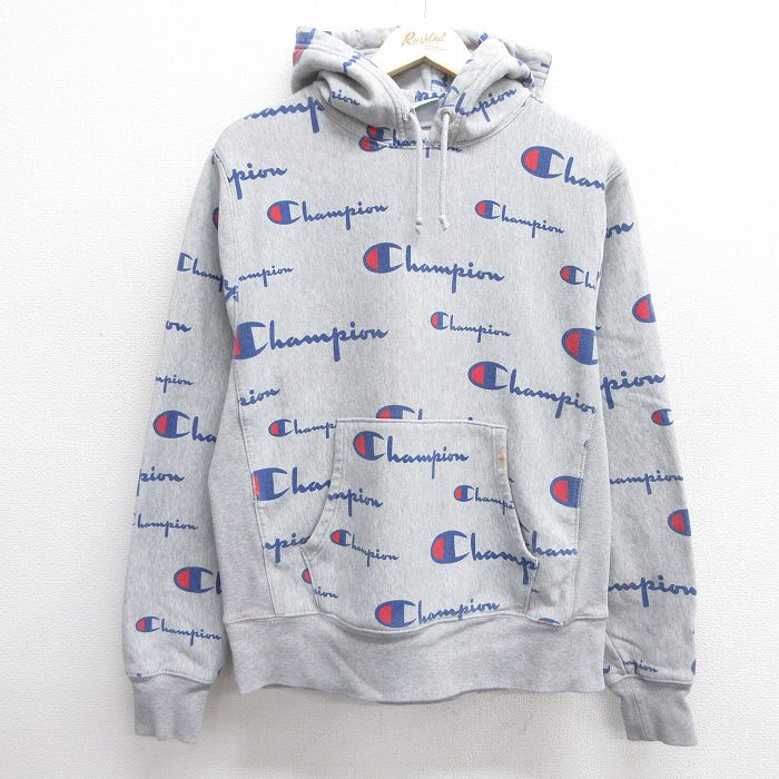 L★古着 長袖 チャンピオン Champion リバースウィーブ パーカー メンズ ビッグロゴ 総柄 グレー他 霜降り 25feb28 中古 スウェット スエット トレーナー トップス