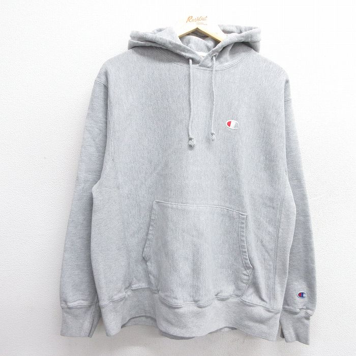 L★古着 長袖 チャンピオン Champion リバースウィーブ パーカー メンズ ワンポイントロゴ グレー 霜降り 25feb28 中古 スウェット スエット トレーナー トップス