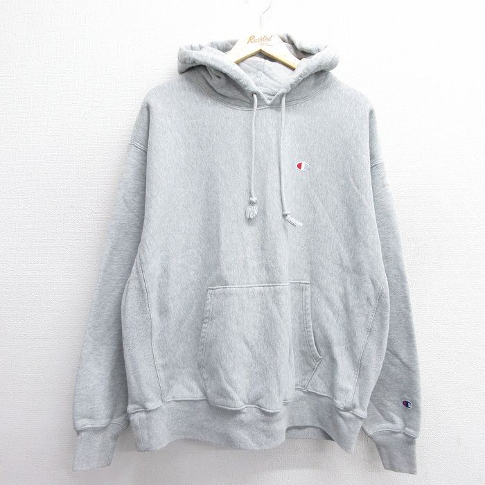 XL★古着 長袖 チャンピオン Champion リバースウィーブ パーカー メンズ ワンポイントロゴ 大きいサイズ グレー 霜降り 【spe】 25feb28 中古 スウェット スエット トレーナー トップス