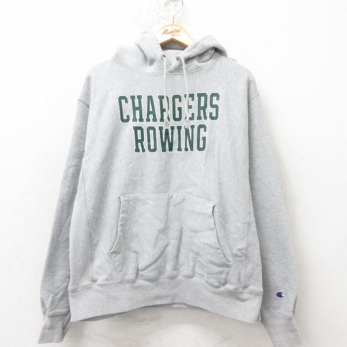 L★古着 長袖 チャンピオン Champion リバースウィーブ パーカー メンズ ROWING グレー 霜降り 25mar01 中古 スウェット スエット トレーナー トップス
