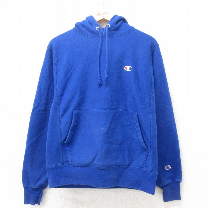 M★古着 長袖 チャンピオン Champion リバースウィーブ パーカー メンズ ワンポイントロゴ 青 ブルー 25mar01 中古 スウェット スエット トレーナー トップス