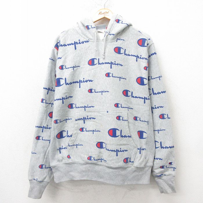 XL★古着 長袖 チャンピオン Champion リバースウィーブ パーカー メンズ 総柄 グレー 霜降り 【spe】 25mar01 中古 スウェット スエット トレーナー トップス