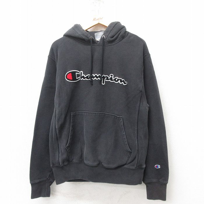 L★古着 長袖 チャンピオン Champion リバースウィーブ パーカー メンズ ビッグロゴ 黒 ブラック 25mar01 中古 スウェット スエット トレーナー トップス