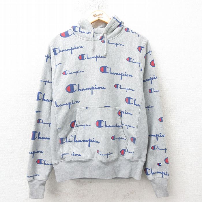 L★古着 長袖 チャンピオン Champion リバースウィーブ パーカー メンズ 総柄 グレー 霜降り 25mar01 中古 スウェット スエット トレーナー トップス