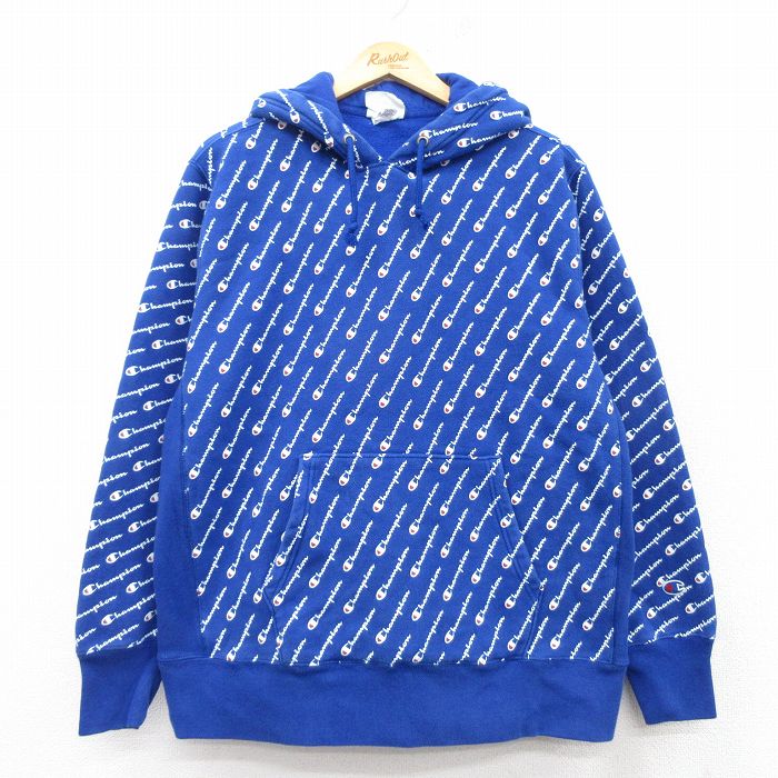 XL★古着 長袖 チャンピオン Champion リバースウィーブ パーカー メンズ ワンポイントロゴ 総柄 大きいサイズ 青他 ブルー 25mar07 中古 スウェット スエット トレーナー トップス
