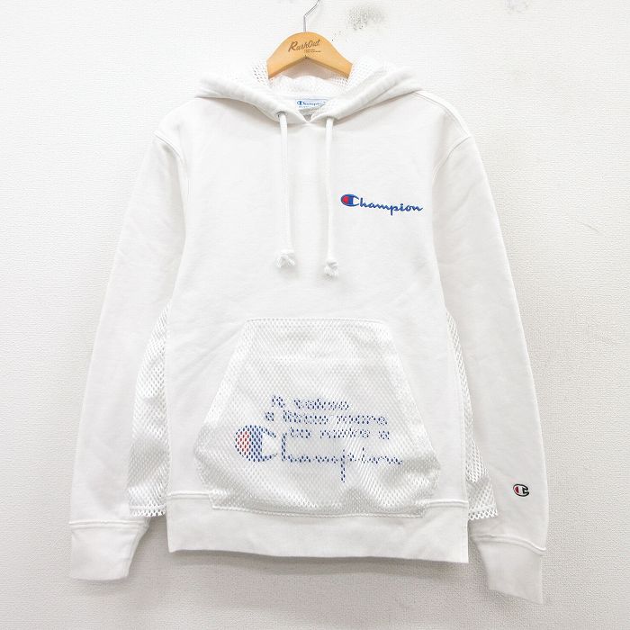 L★古着 長袖 チャンピオン Champion リバースウィーブ パーカー メンズ ビッグロゴ メッシュ地使用 白 ホワイト 25mar10 中古 スウェット スエット トレーナー トップス