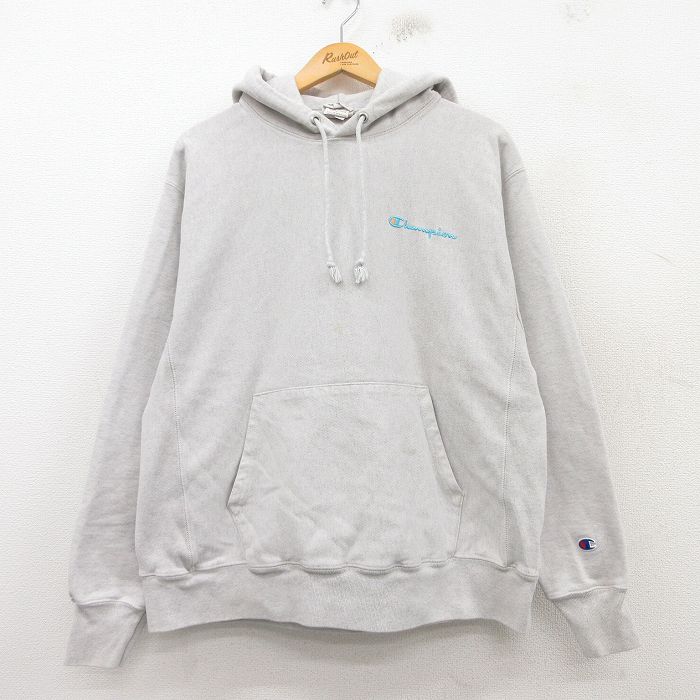 L★古着 長袖 チャンピオン Champion リバースウィーブ パーカー メンズ ワンポイントロゴ グレー 霜降り 25mar10 中古 スウェット スエット トレーナー トップス