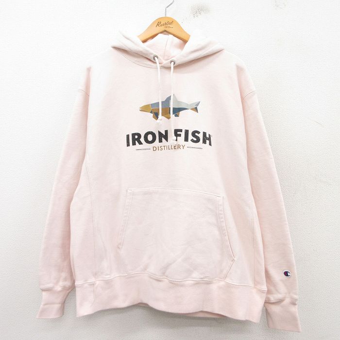 XL★古着 長袖 チャンピオン Champion リバースウィーブ パーカー メンズ 魚 大きいサイズ 薄ピンク 25mar10 中古 スウェット スエット トレーナー トップス