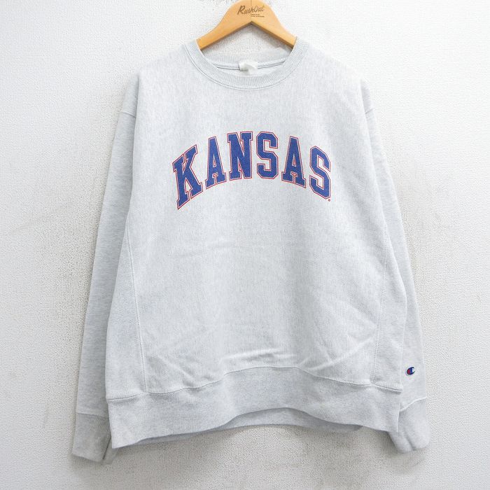 XL★古着 長袖 チャンピオン Champion リバースウィーブ メンズ カンザス クルーネック 薄グレー 霜降り 25mar17 中古 スウェット スエット トレーナー トップス